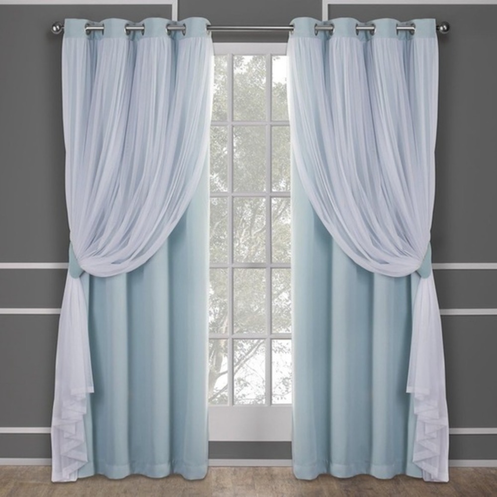 Light Blue and White Layered Grommet Window Curtains